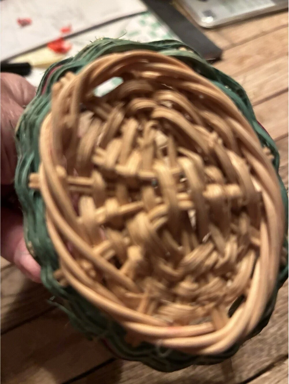 Small Oval Wicker Basket w/ Handle, Beige Green Red, Country Style Indoor